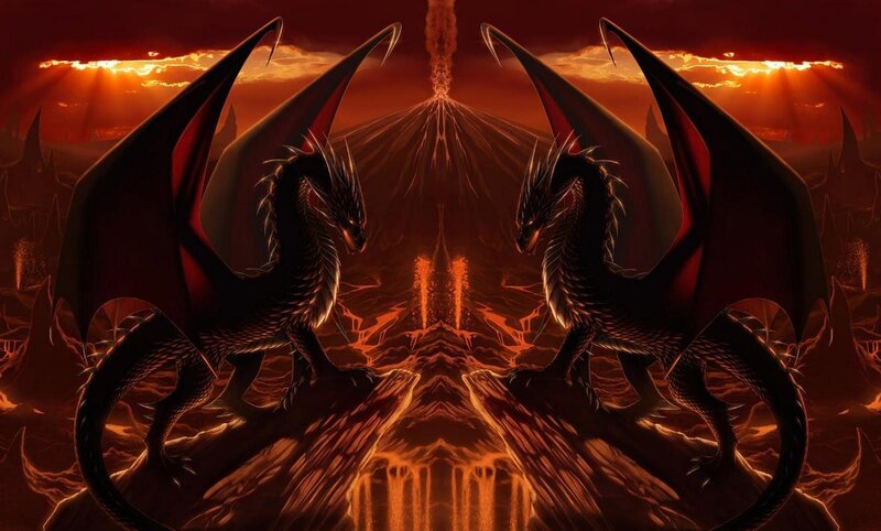 Two dragons on a volcanic landscape