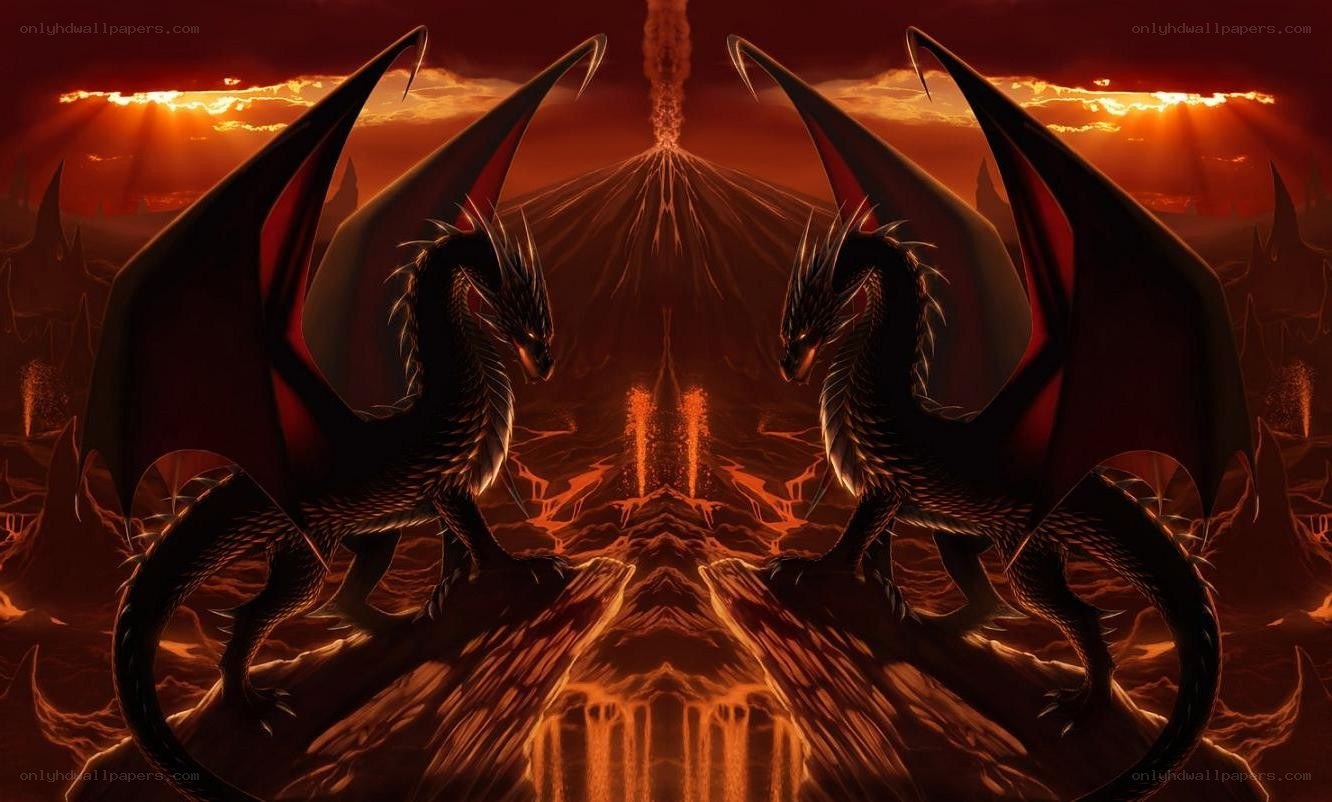 Two dragons on a volcanic landscape