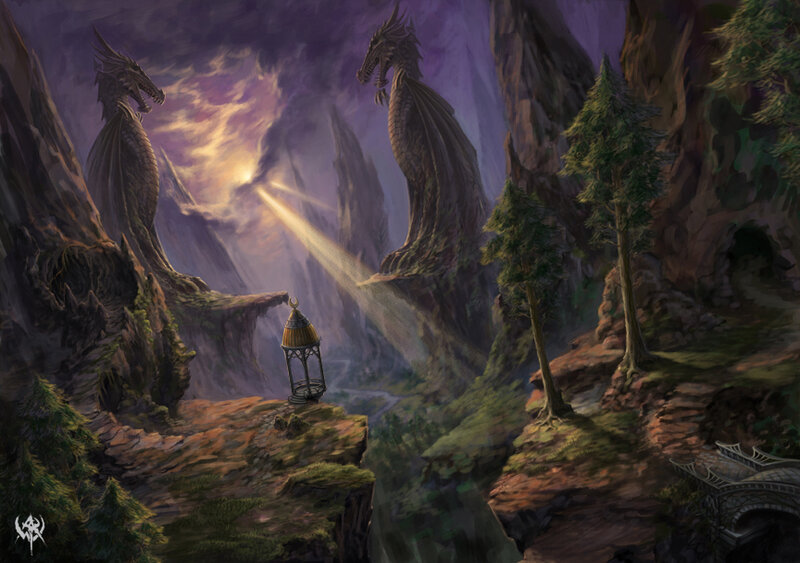 Two Dragons on Cliffs — Purple