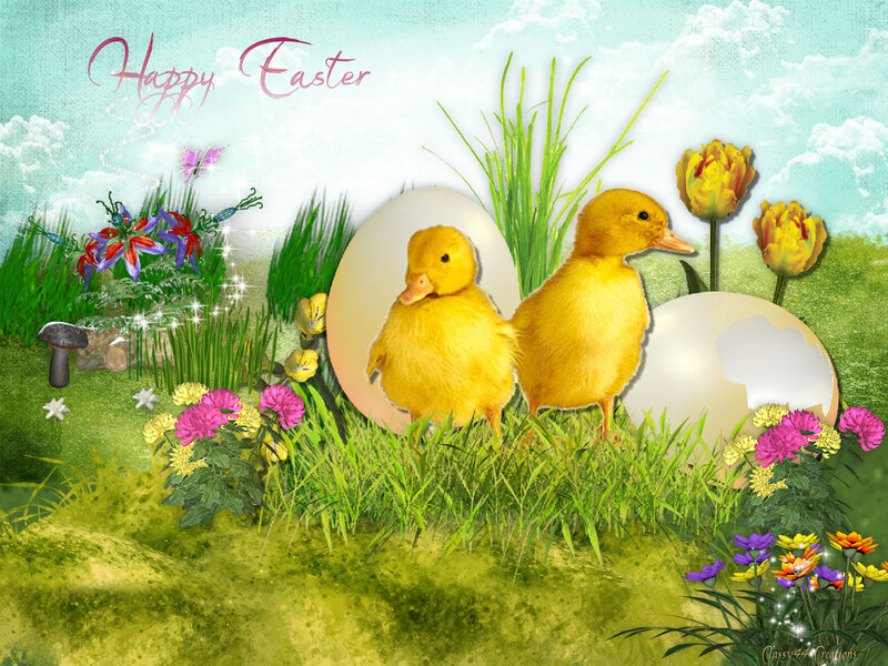 Two Ducklings in Grass — Green, Festive