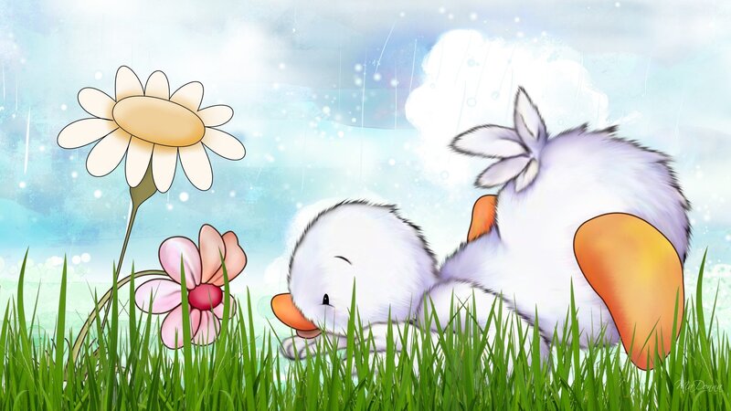 Two Ducklings in Grass — Green