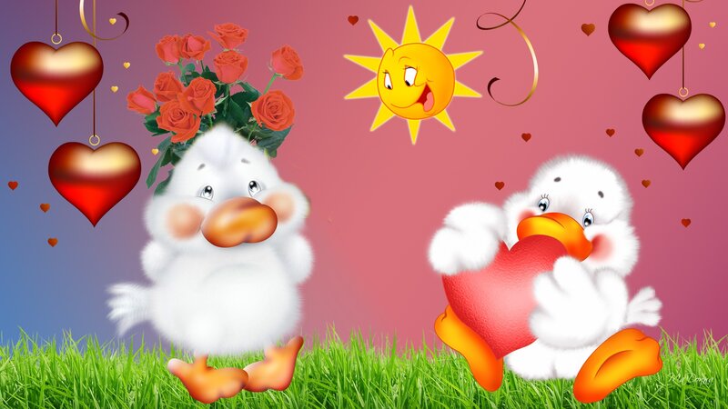 Two Ducklings in Grass — Pink