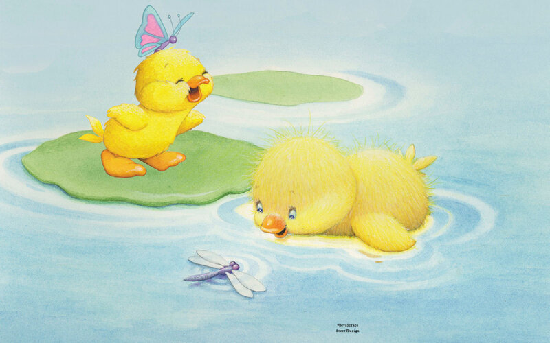 Two Ducklings on Lily Pads