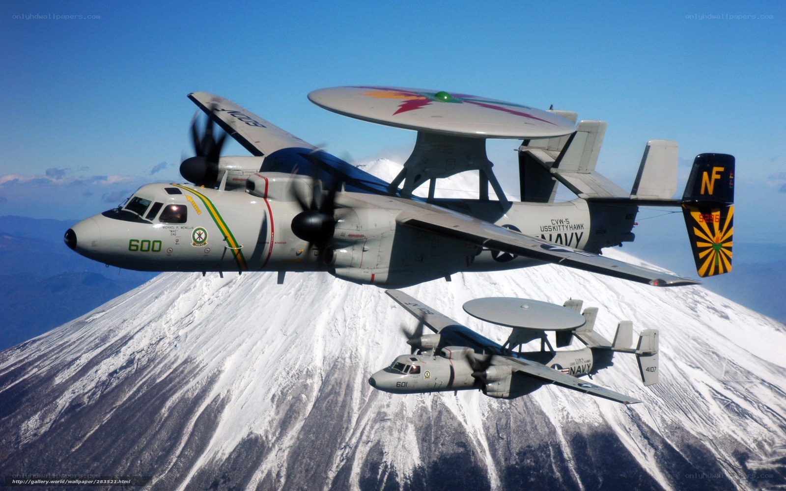 Two E-2 Hawkeye aircraft in flight