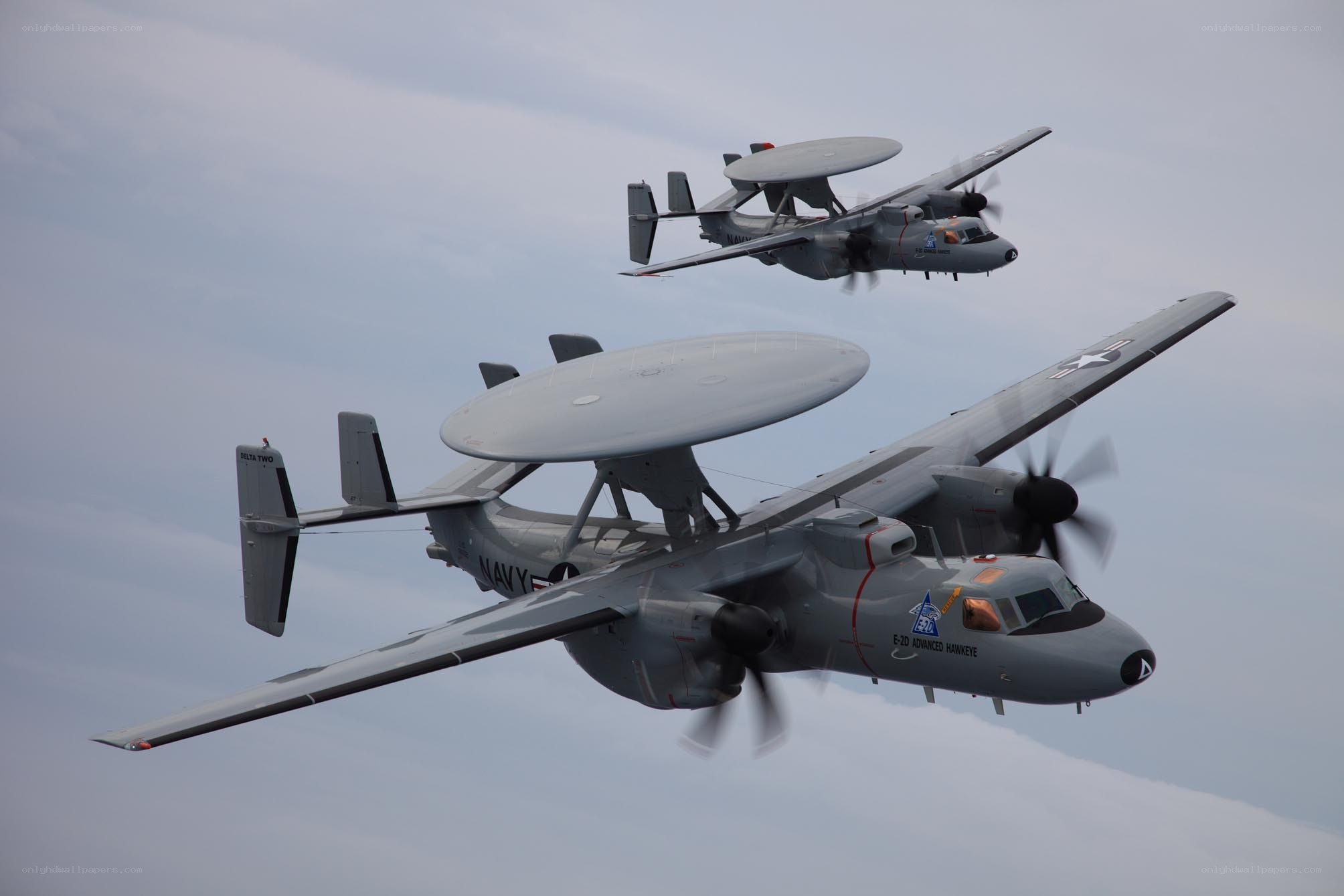 Two E-2D Hawkeye aircraft in flight