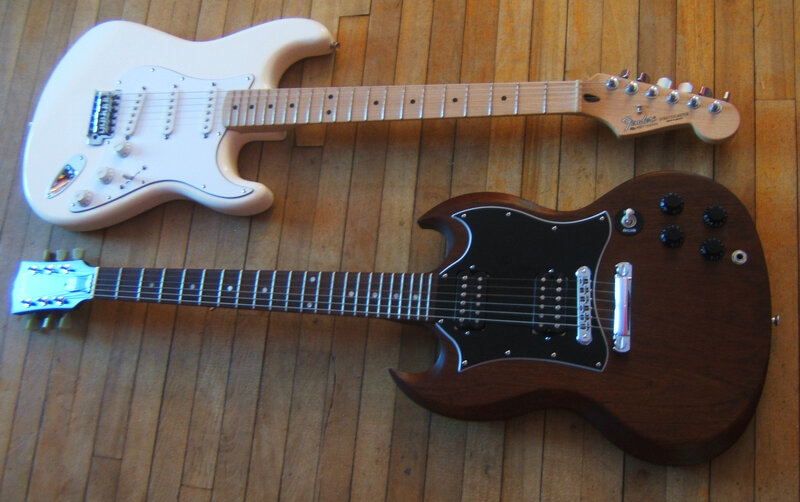 Two electric guitars on floor