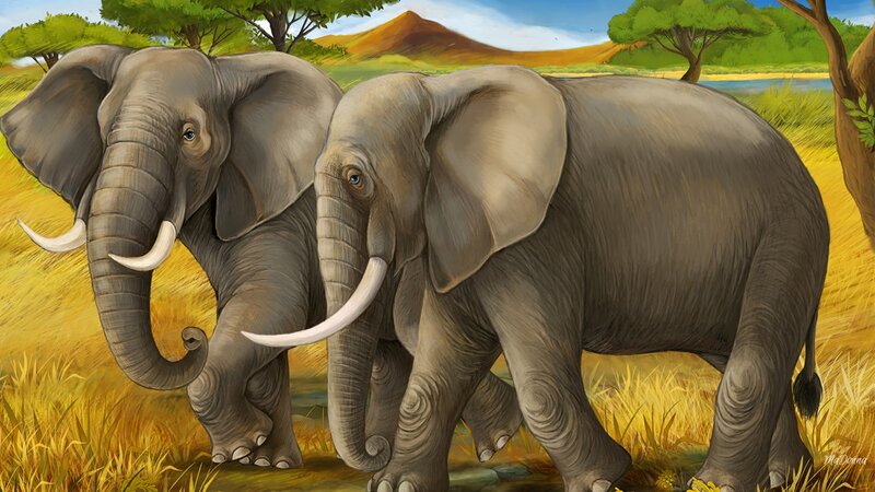 Two Elephants in Savanna — Brown, Serene