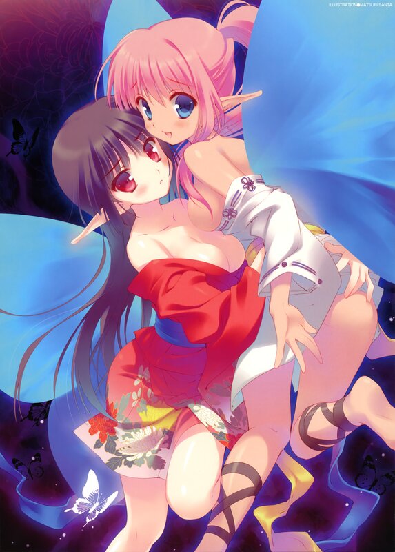 Two elf girls in a dreamy embrace