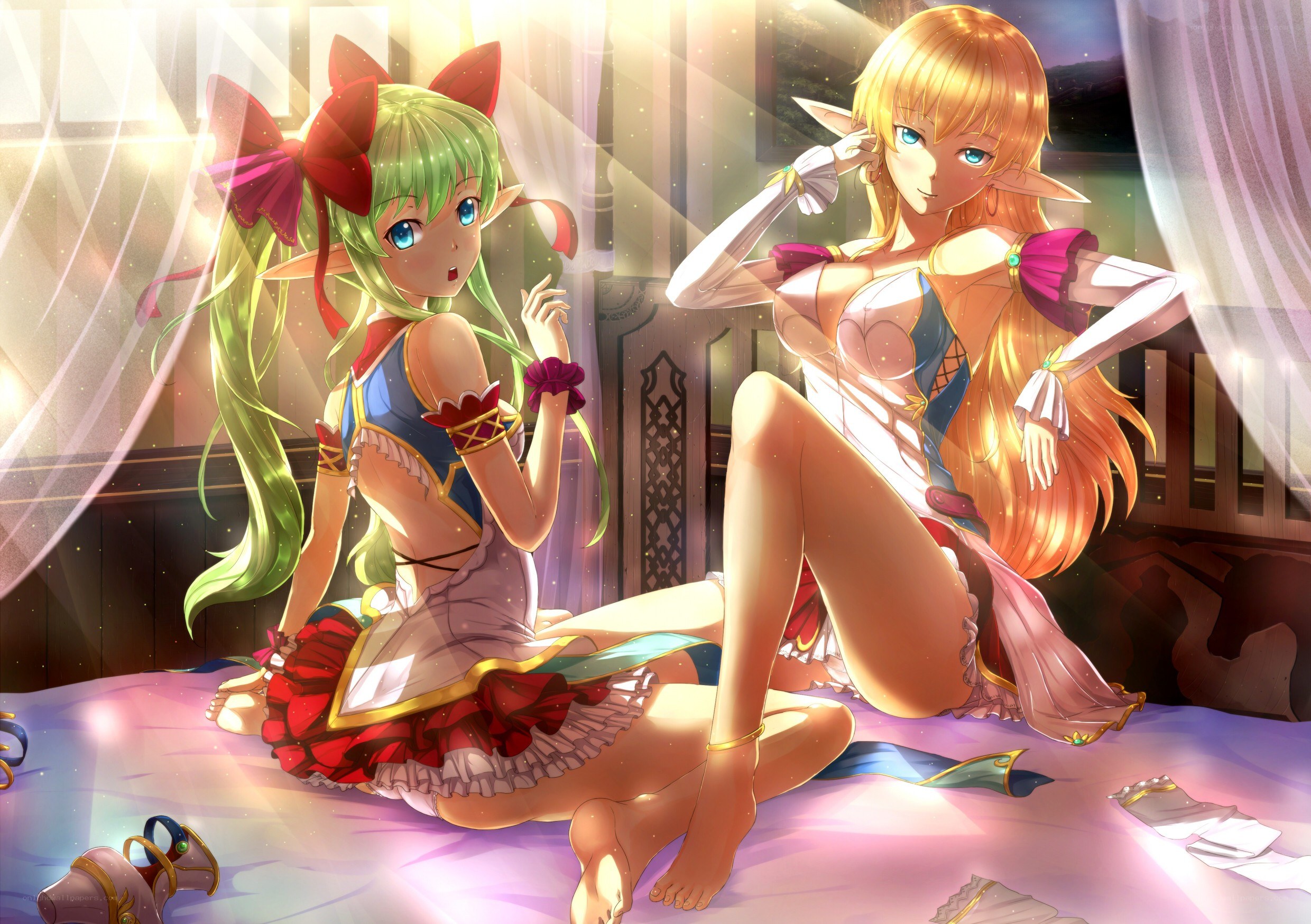 Two elf girls in a sunlit room