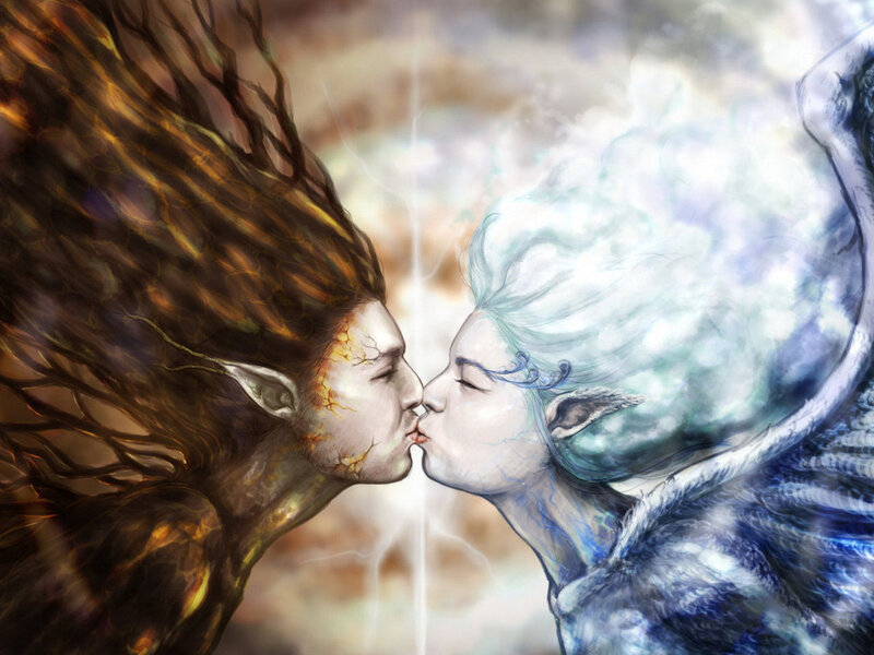 Two Elf-like Beings Kissing