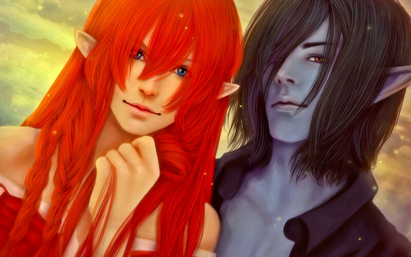 Two Elf-like Characters — Red, Dramatic, Sunset