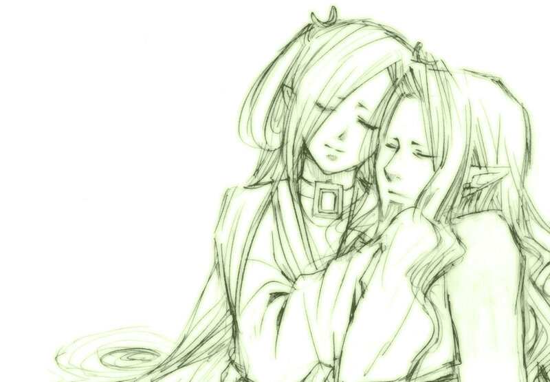 Two Elf-like Figures Hugging