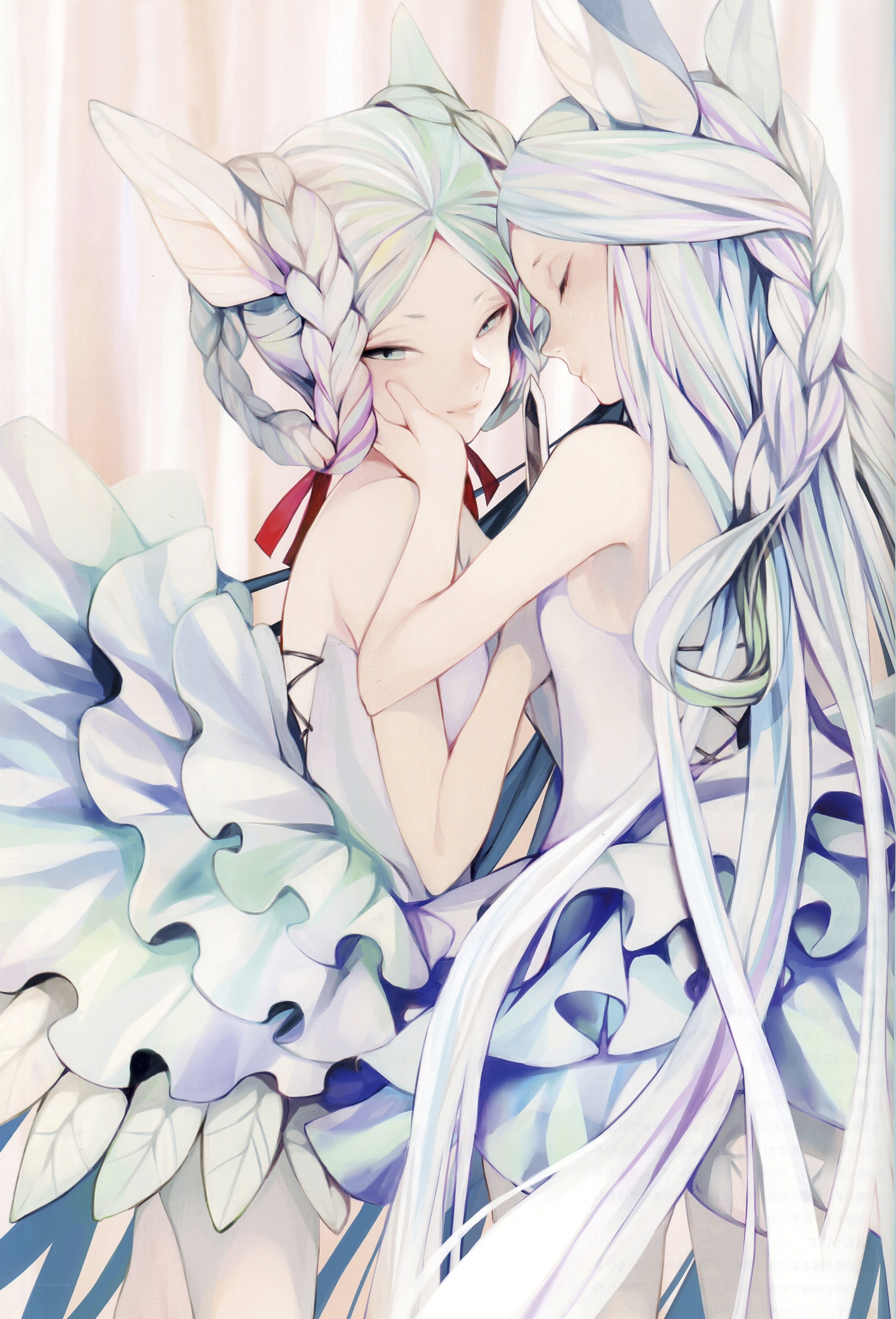 Two elf-like girls hugging