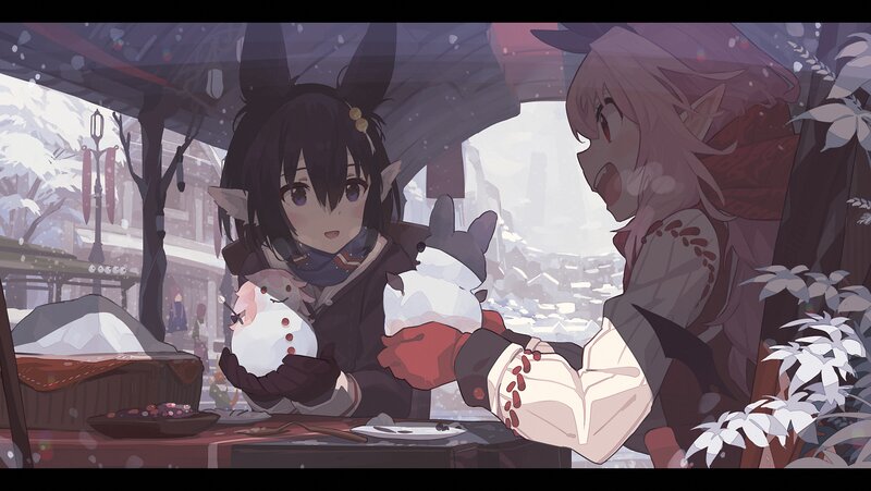 Two Elf-like Girls with Snowmen