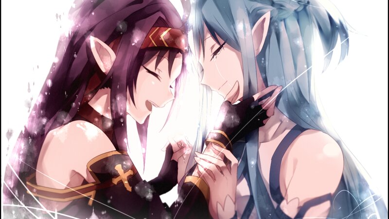 Two Elf-like Women Embracing — Purple