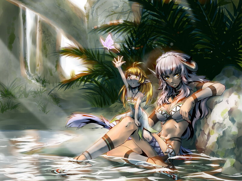 Two Elf-like Women in Water — Green