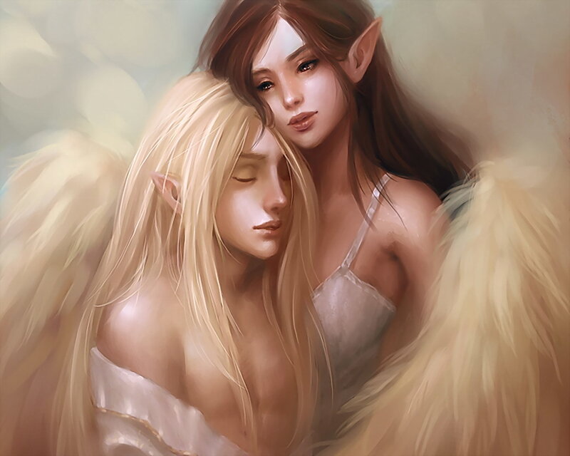 Two elf women embracing