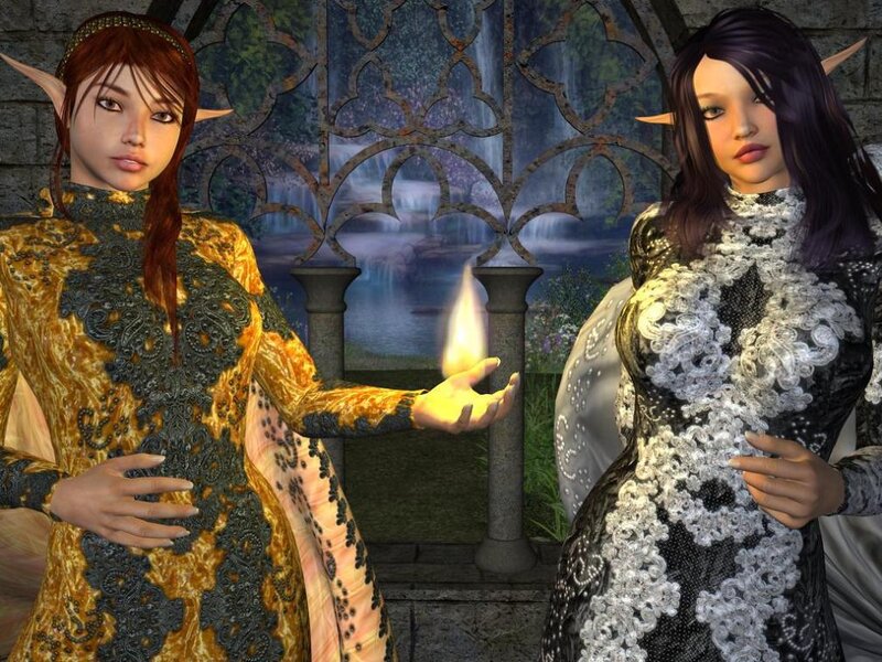 Two elf women in ornate dresses