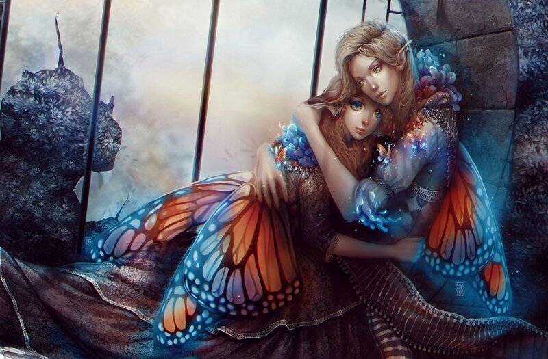 Two Elf Women with Butterfly Wings — Blue