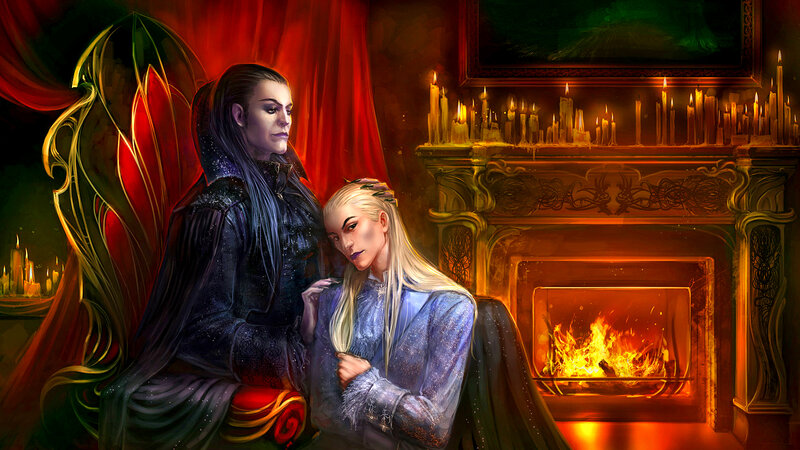 Two Elves by Fireplace