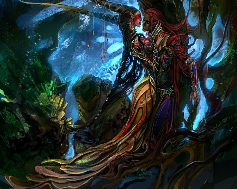Two Elves Embracing — Green, Dramatic
