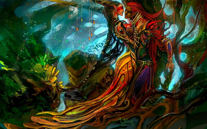 Two Elves Embracing — Green