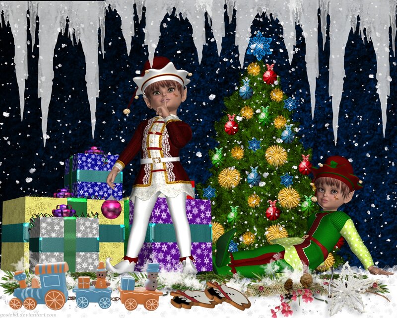 Two Elves Near Christmas Tree