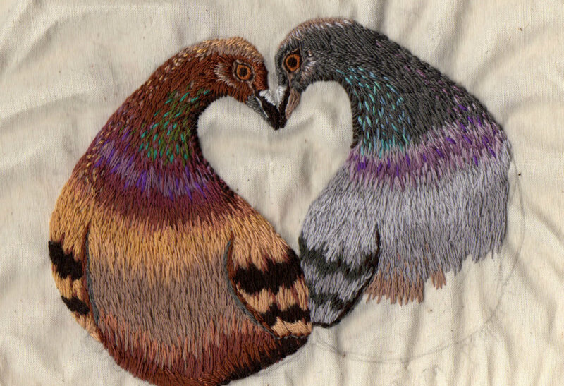 Two Embroidered Pigeons