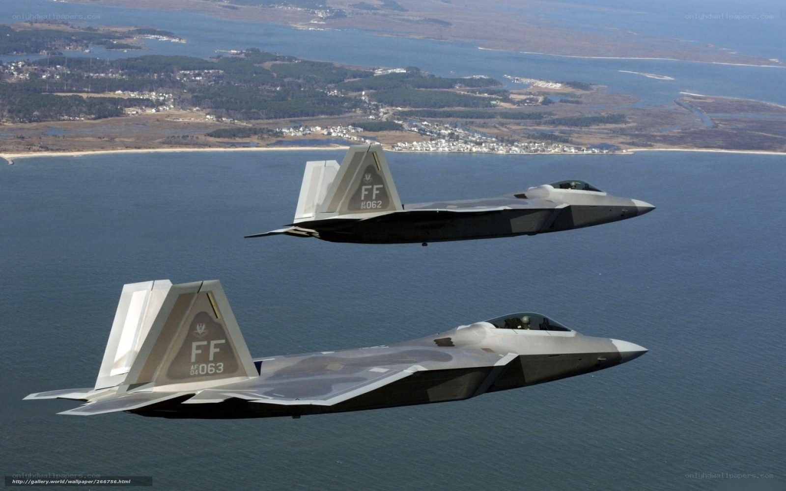 Two F-22 Raptors in flight