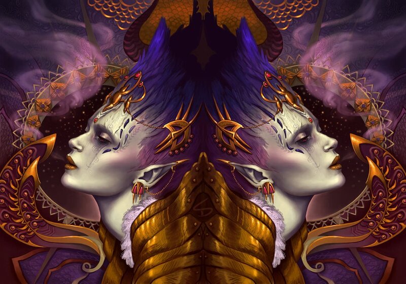 Two-faced Figure with Purple Hair