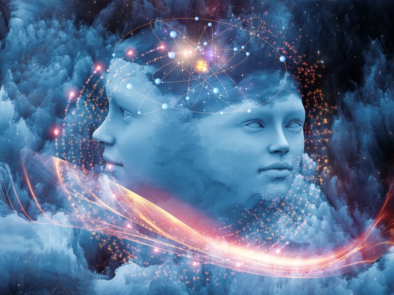 Two Faces in Clouds — Blue, Dreamy, Digital Art, Stars