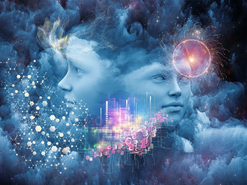 Two Faces in Clouds — Blue, Dreamy, Digital Art