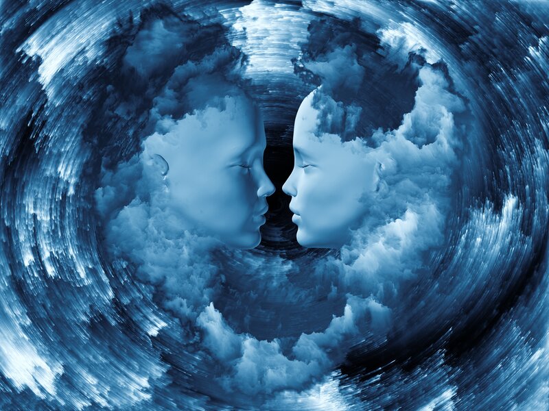 Two Faces in Clouds — Blue, Dreamy, Digital Art, Tunnel