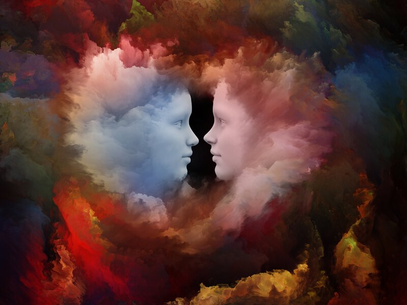 Two Faces in Clouds — Red