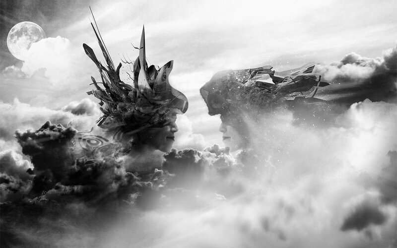 two faces in clouds