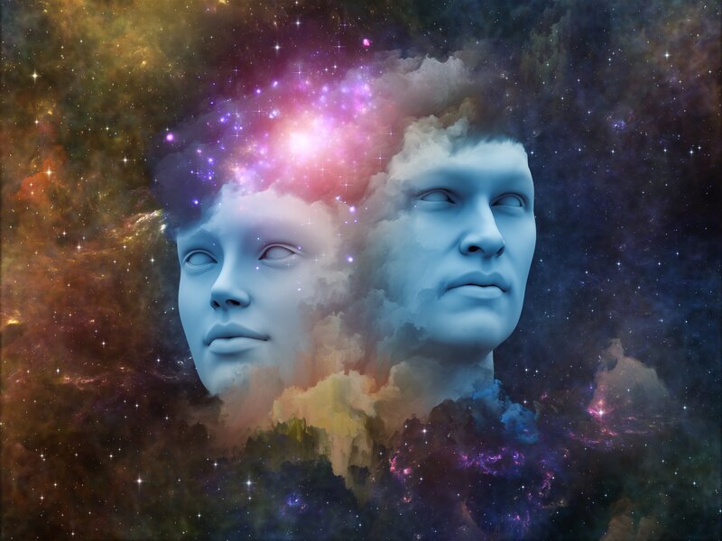 Two Faces in Nebula — Blue, Cosmic