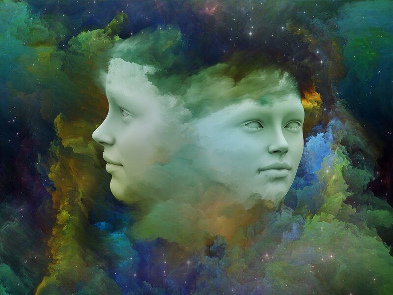 Two Faces in Nebula — Green, Dreamy