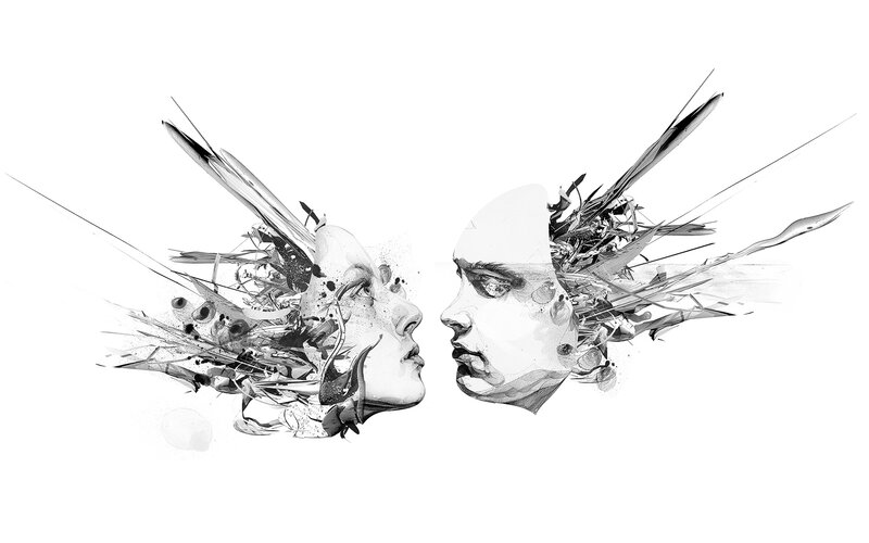 Two Faces in Profile — Black, Dramatic, Digital Art, Skulls, Abstract Shapes