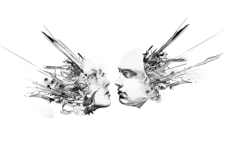 Two Faces in Profile — Black, Dramatic, Digital Art