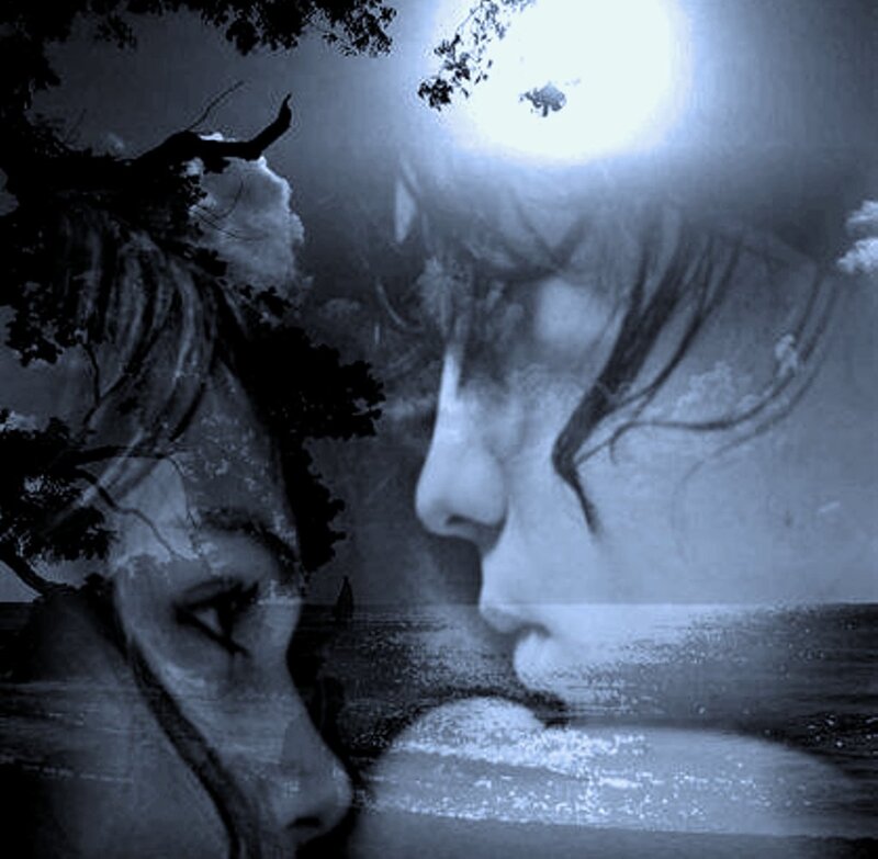Two Faces in Profile — Blue, Dreamy