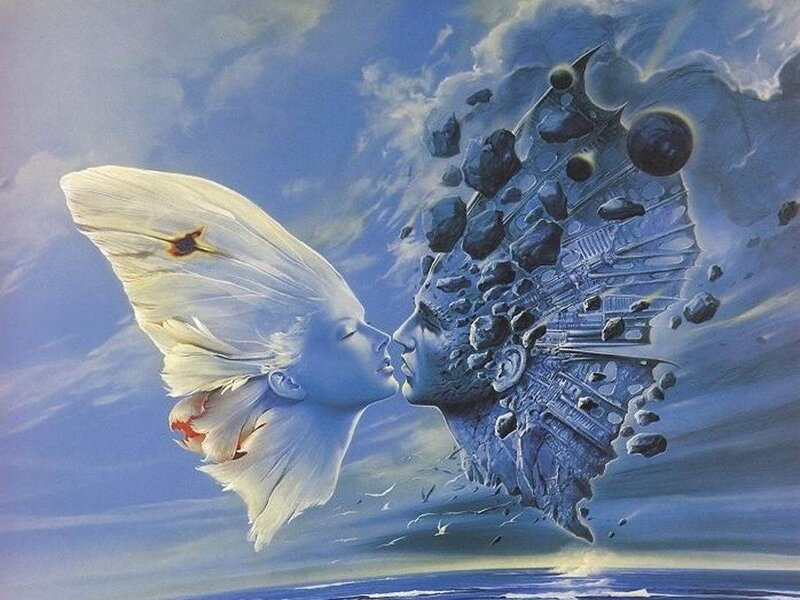 Two Faces Kissing — Blue, Dreamy, Digital Art, Clouds