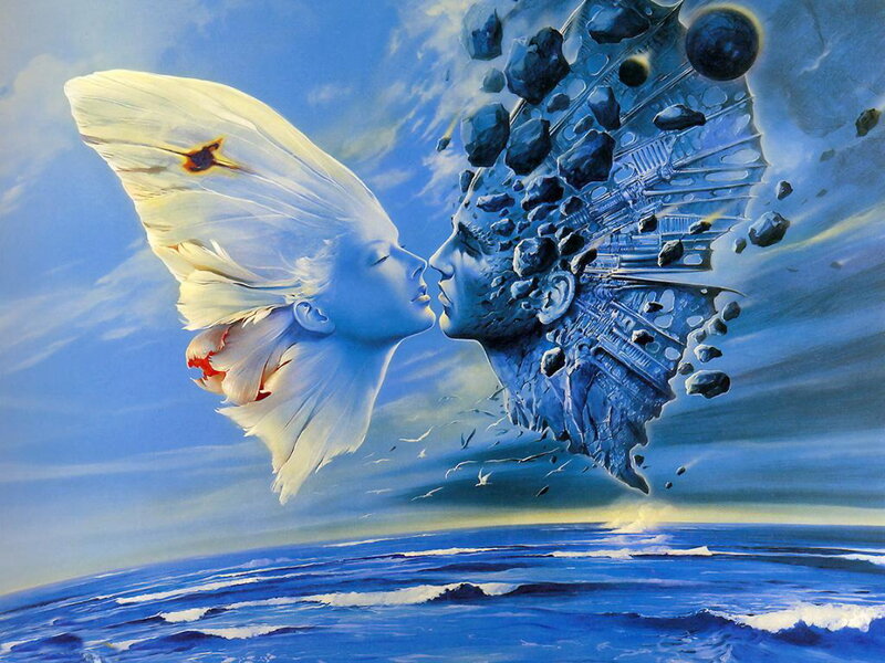 Two Faces Kissing — Blue, Dreamy, Digital Art