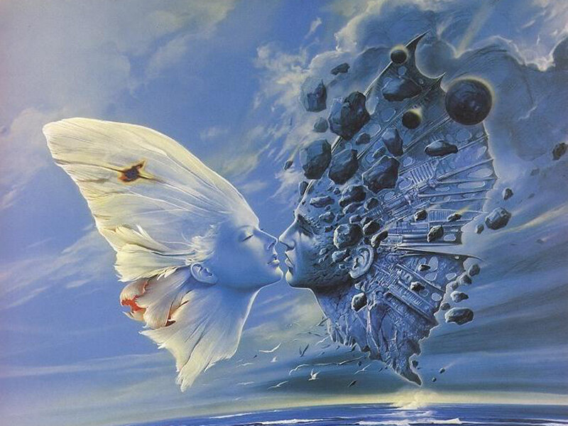 Two faces kissing in sky