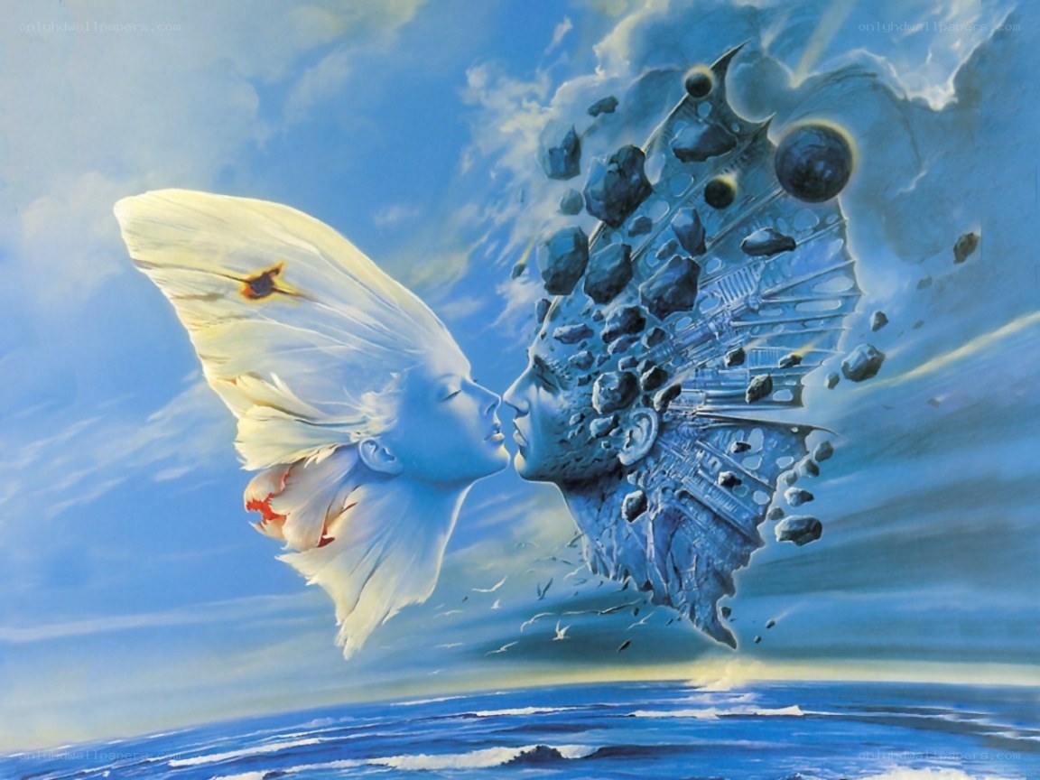 two faces kissing in sky