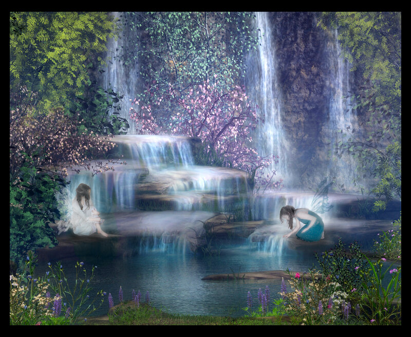 Two Fairies by Waterfall