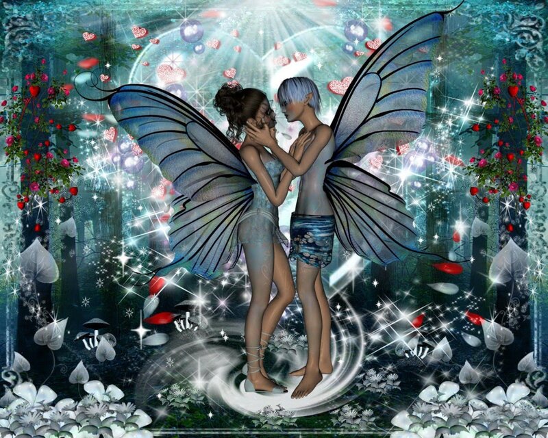 Two Fairies Embracing — Blue