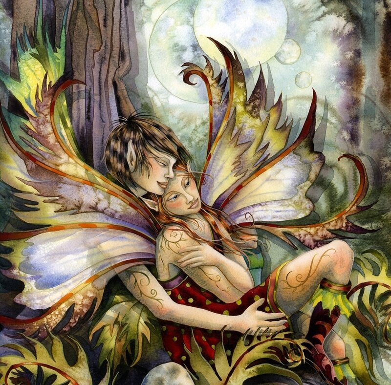 Two Fairies Embracing — Green