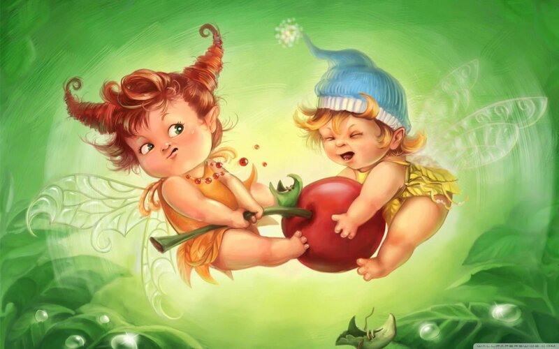 Two Fairies Fighting over Apple — Green, Playful