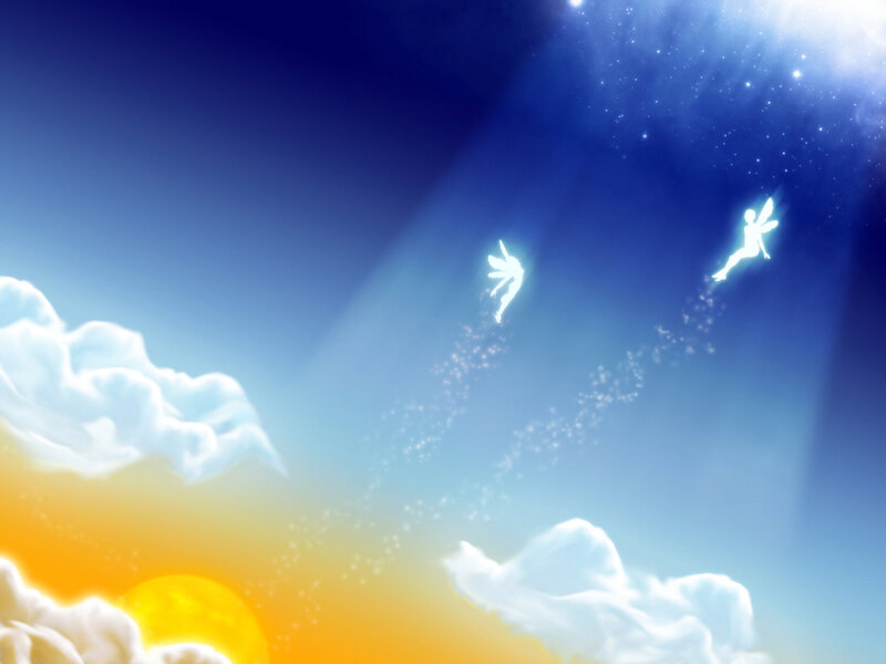 Two Fairies Flying — Blue, Serene, Sunset, Digital Art, Clouds, Sun