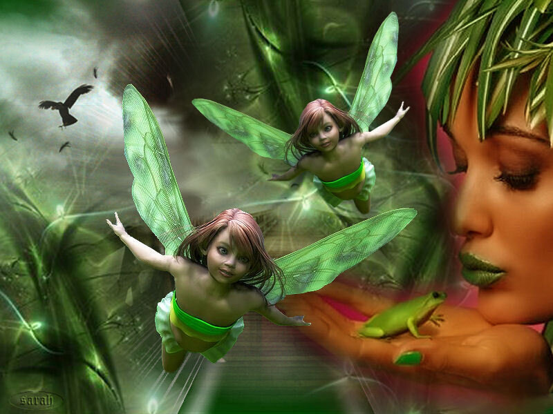 Two Fairies Flying — Green